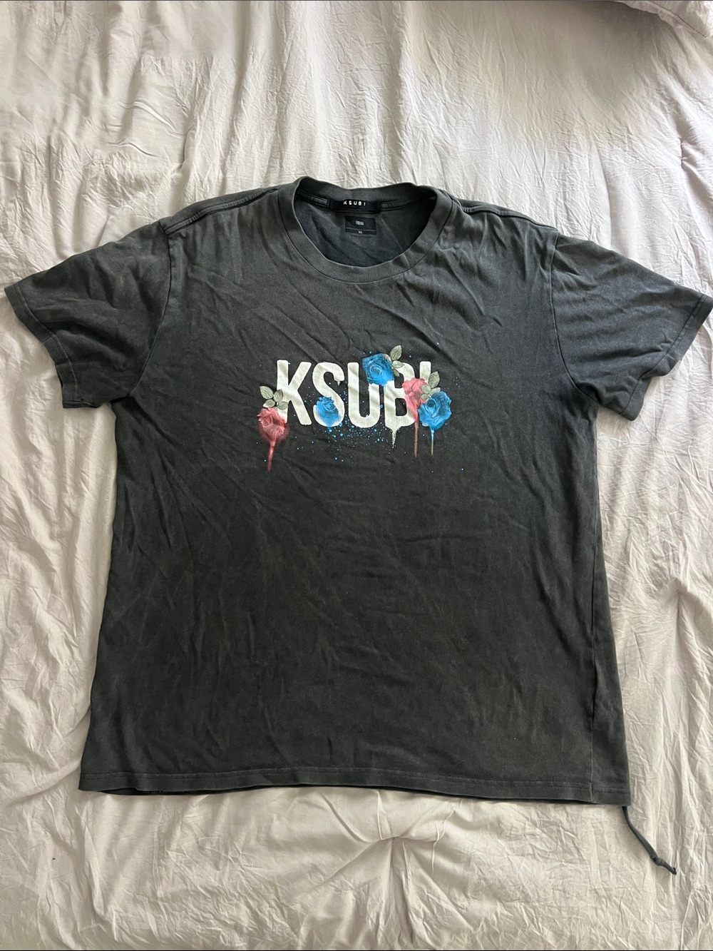 Ksubi Black Crewneck Tee with Blue and Pink Floral Graphic